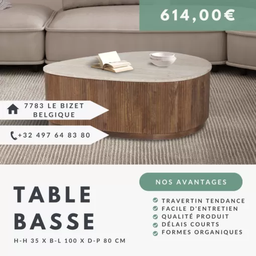 Table basse en travertin – Élégance naturelle près de Bailleul, Comines-Warneton, SRL MEUBLES STYLE-DECOR