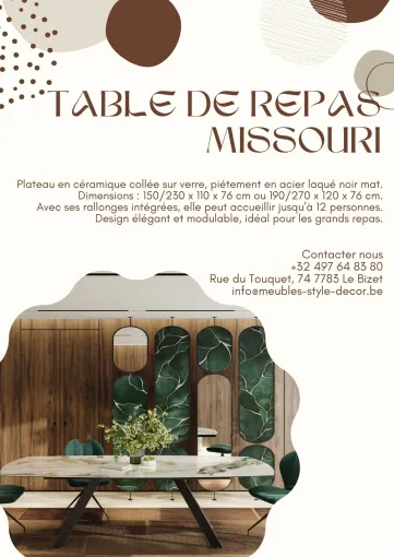 Découvrez la table de repas Missouri avec plateau en céramique livré Nancy, Comines-Warneton, SRL MEUBLES STYLE-DECOR