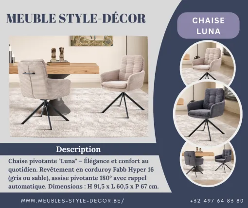 Découvrez la chaise Luna : élégance et confort au rendez-vous, Comines-Warneton, SRL MEUBLES STYLE-DECOR